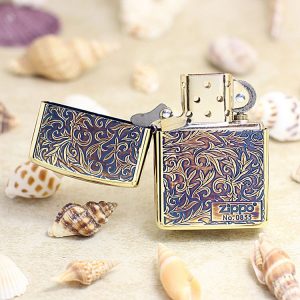 bật lửa zippo xanh dương họa tiếc màu vàng