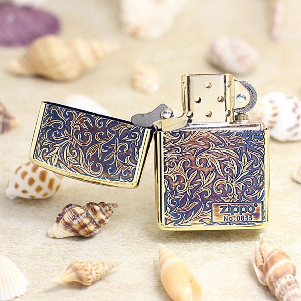 bật lửa zippo xanh dương họa tiếc màu vàng