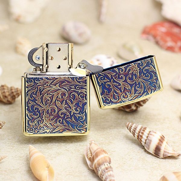 bật lửa zippo xanh dương họa tiếc màu vàng